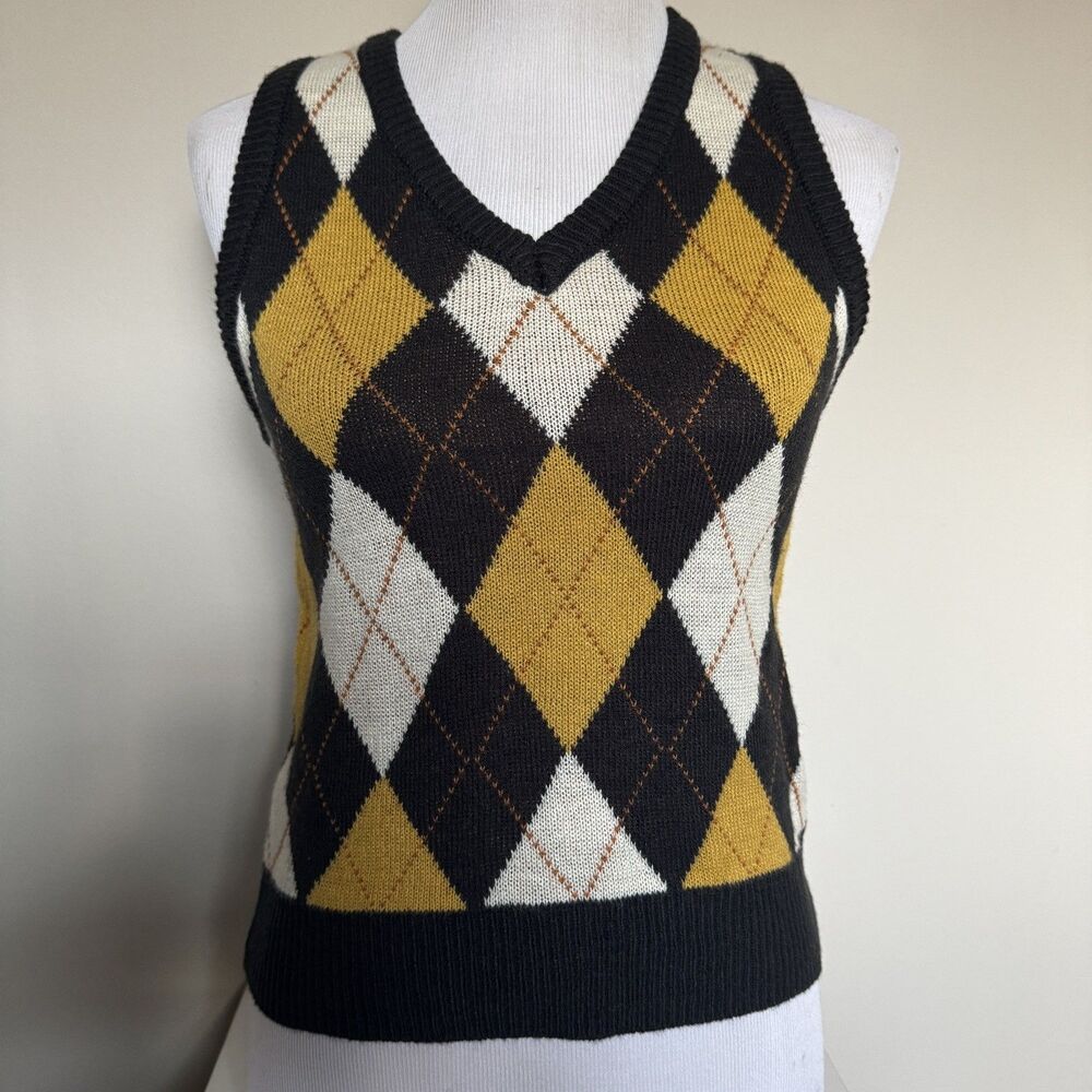Vintage Y2K Argyle Sweater Vest V-Neck Knit navy Small Prep Dark Academia Golf
